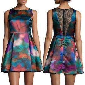 Alice + Olivia "Belia" Watercolor Fit & Flare Mini Dress Lace Back - Size 2 NWT
